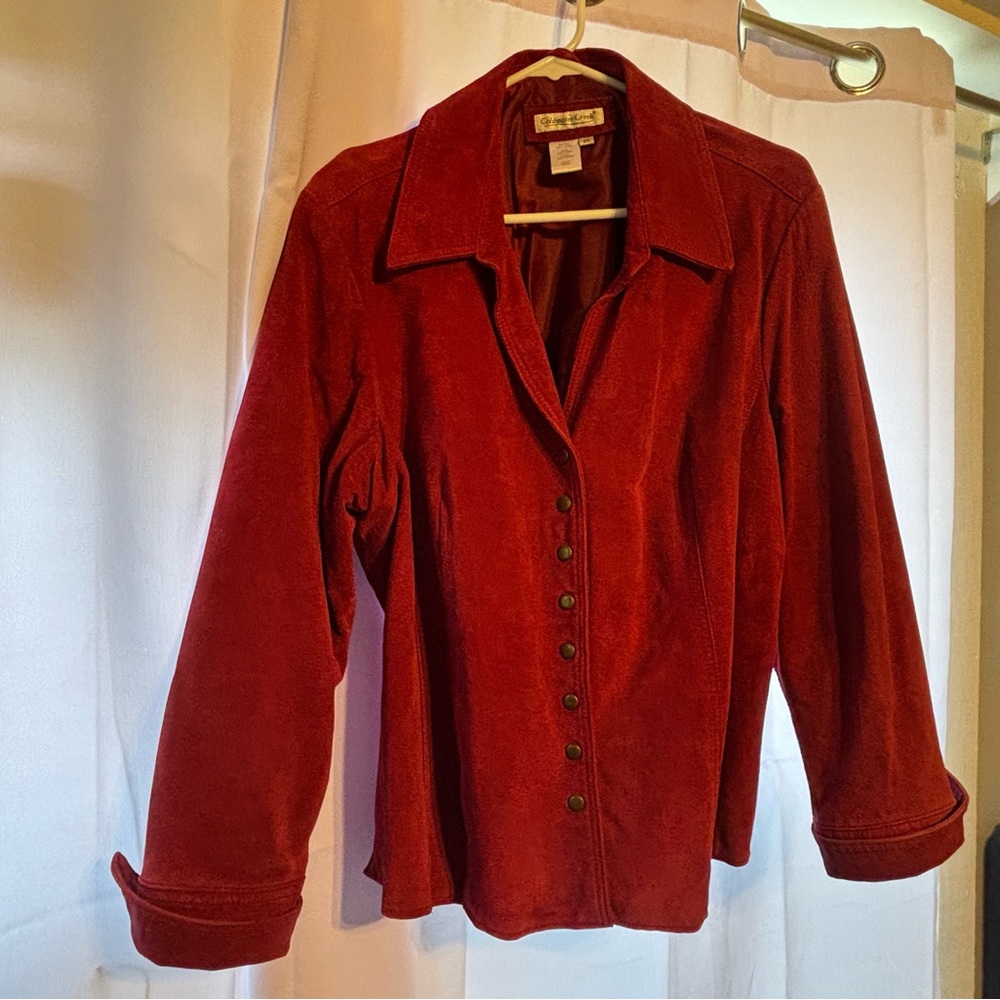 Coldwater Creek Red Leather Jacket Notched Collar Cuffed Sleeves